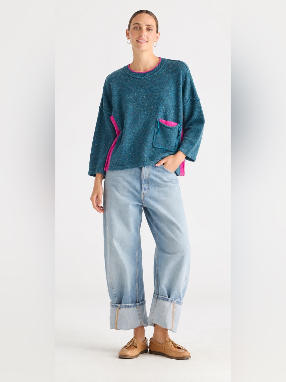Zaket & Plover 50% lambswool Teal and Pink Contrast Pocket Sweater retail $120
